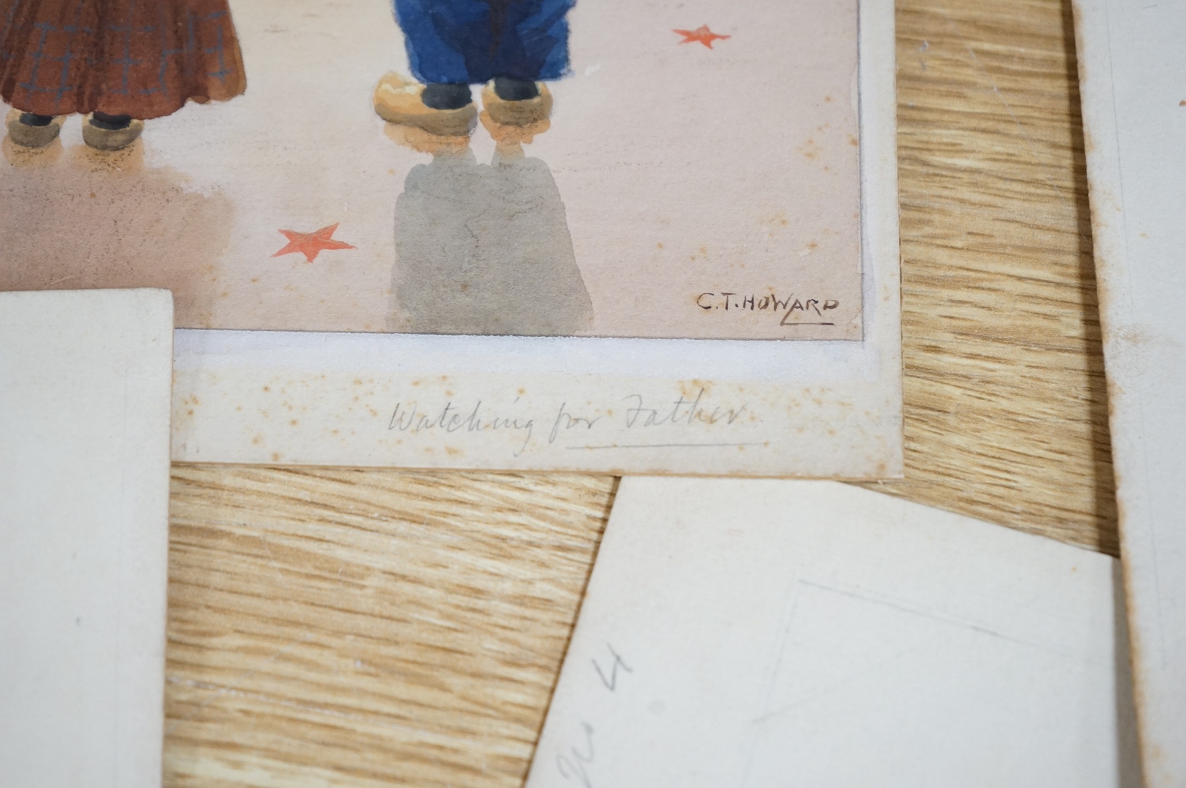 Charles Thomas Howard (1865-1942), a set of four original watercolours for postcard designs, Dutch children to include; ‘Waiting for Father’, ‘The Dog Cart’ and ‘The Sled’, three signed, unframed, largest 19 x 24cm. Cond